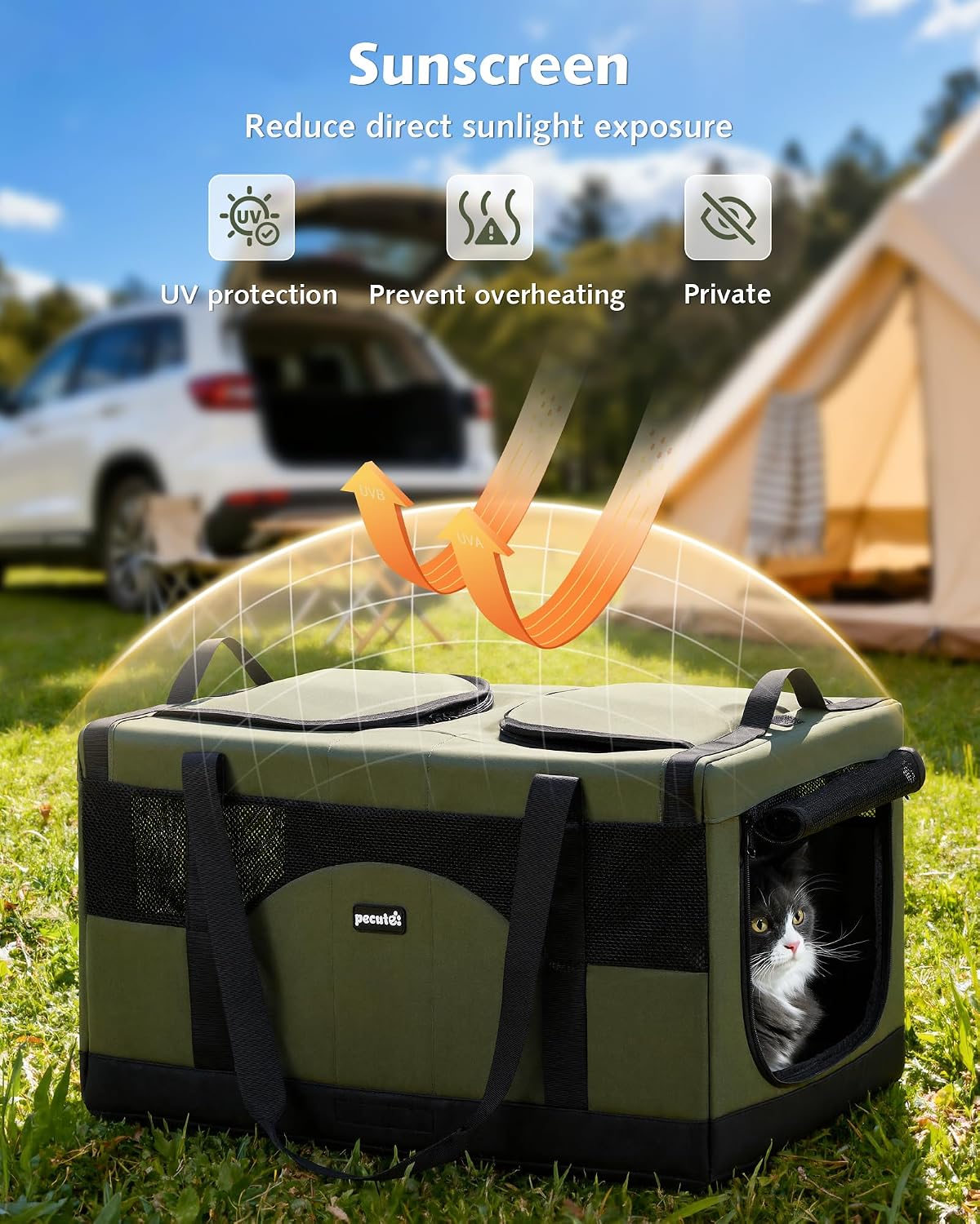 Green pet carrier with mesh windows, top openings and a covered side entrance