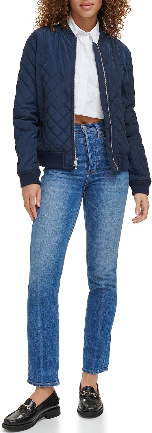Quilted navy bomber jacket with front zipper and ribbed cuffs