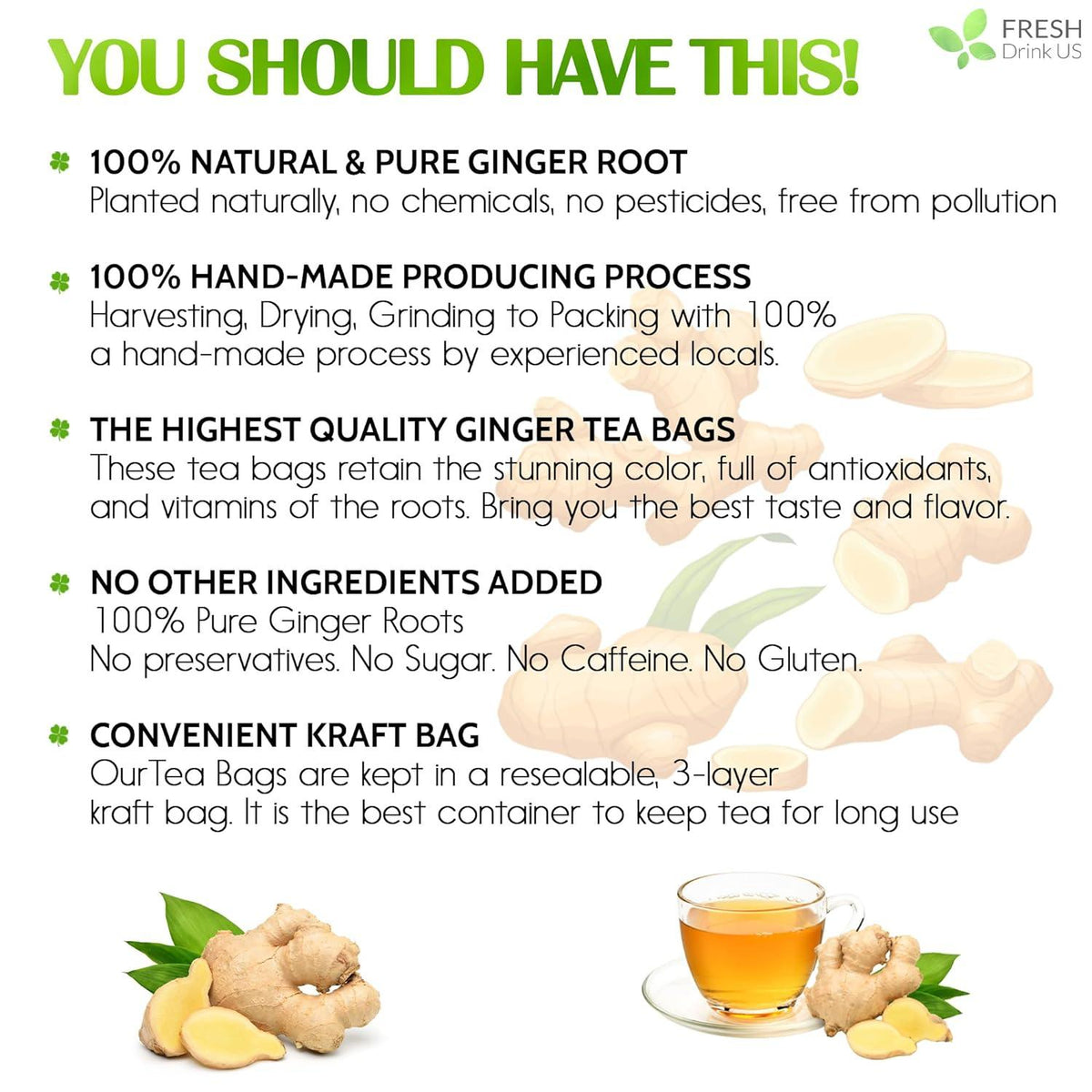 Ginger tea bags info panel with ginger root pieces and cup of tea