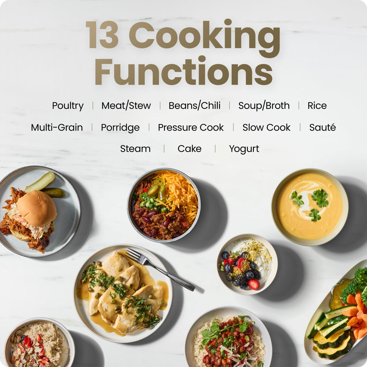 Assorted meal bowls arranged around a pressure cooker, showing multiple cooking options