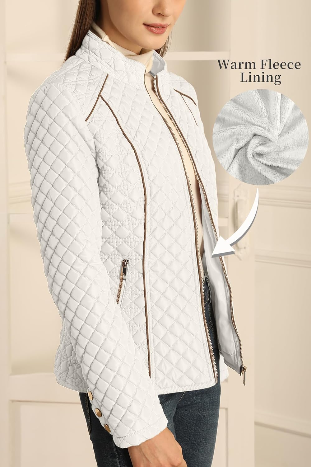 White quilted puffer jacket with stand collar and full zip, faux fleece lining shown