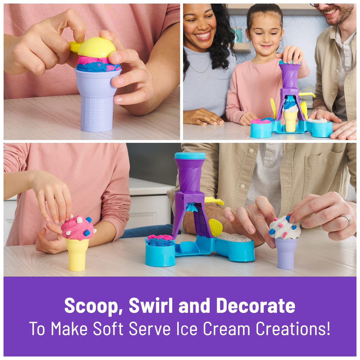 Kinetic sand serving tools set with scoop, swirl parts, and colorful molds