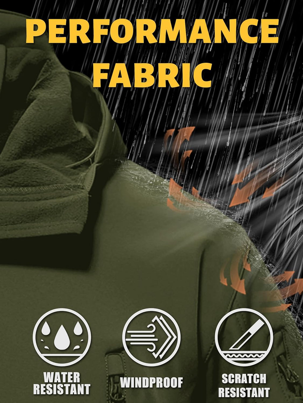 Men's olive green hooded soft shell jacket fabric with water-resistant and windproof finish