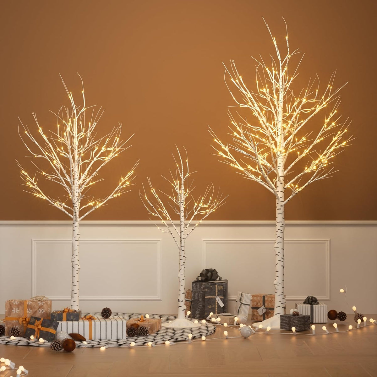 Lighted birch tree decor set of 3 with warm white LED lights and white trunks