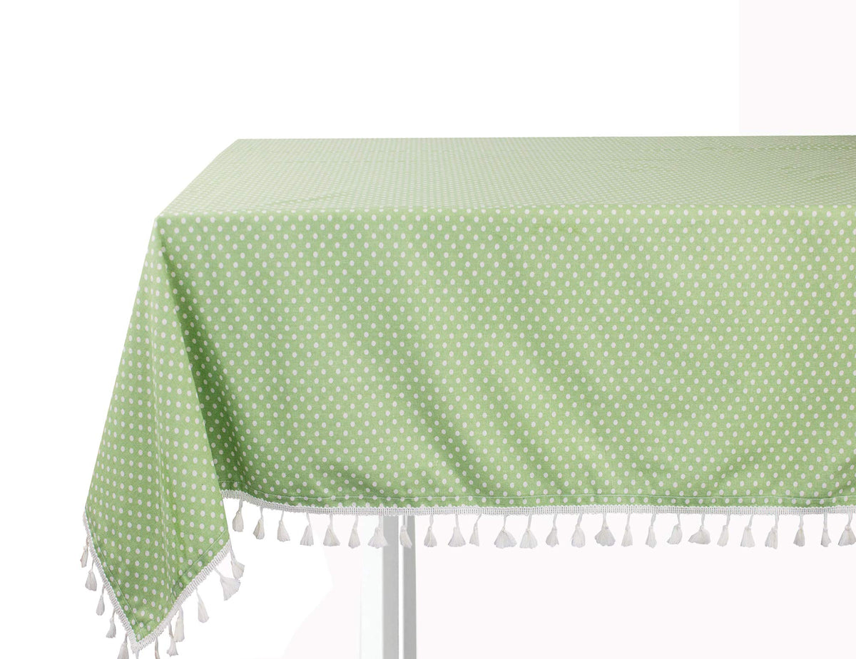 Cotton blend tablecloth with green polka dot pattern and tassel fringe