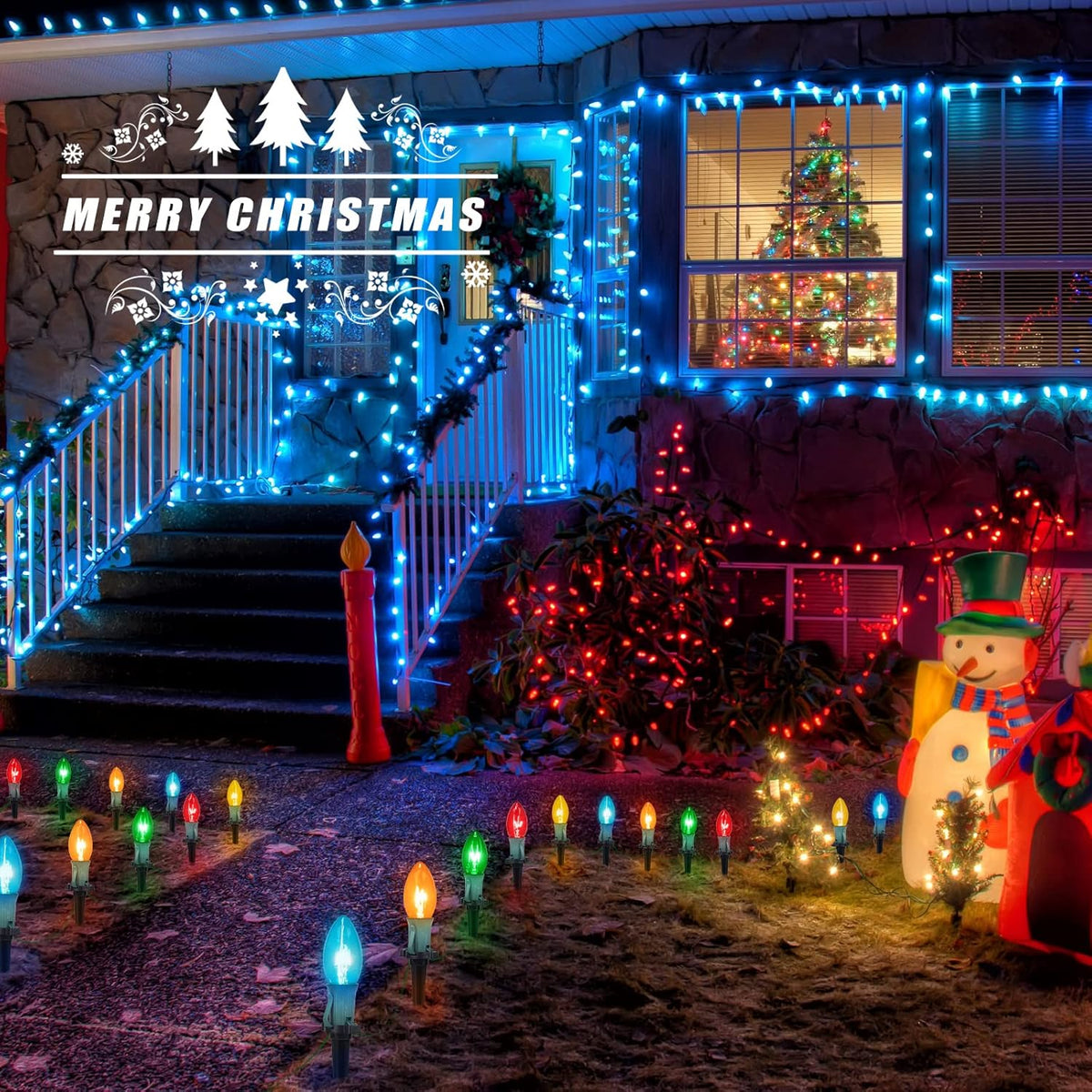 Outdoor pathway light string with multicolor C9 bulbs on stakes and connected cable lines