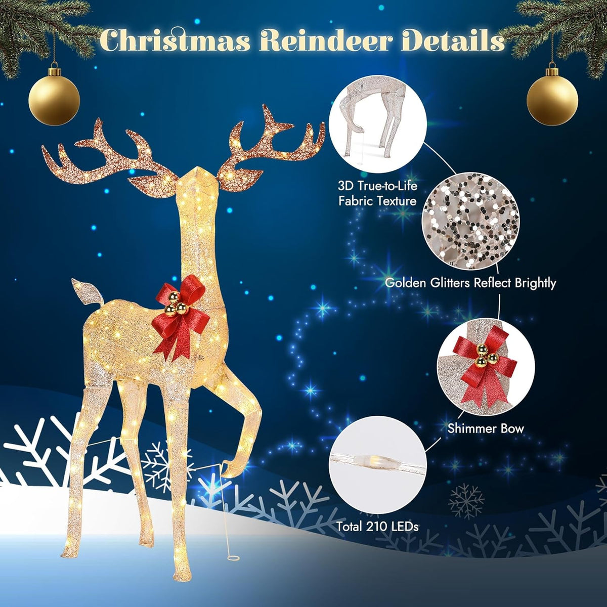 Pre-lit LED golden reindeer details, glittering fabric texture with red bow accents