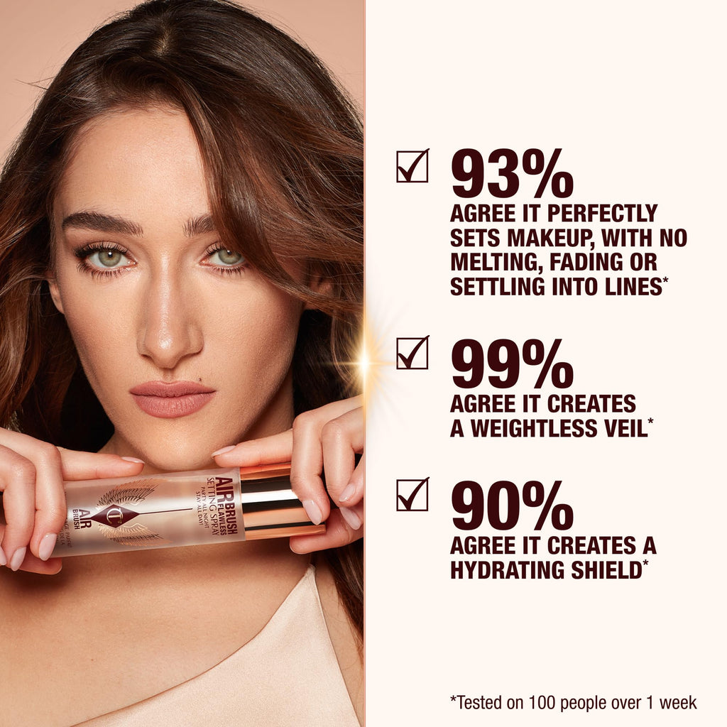 Woman holding the setting spray near her face; airbrush-style applicator visible