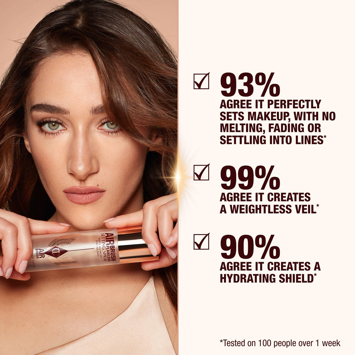 Woman holding the setting spray near her face; airbrush-style applicator visible