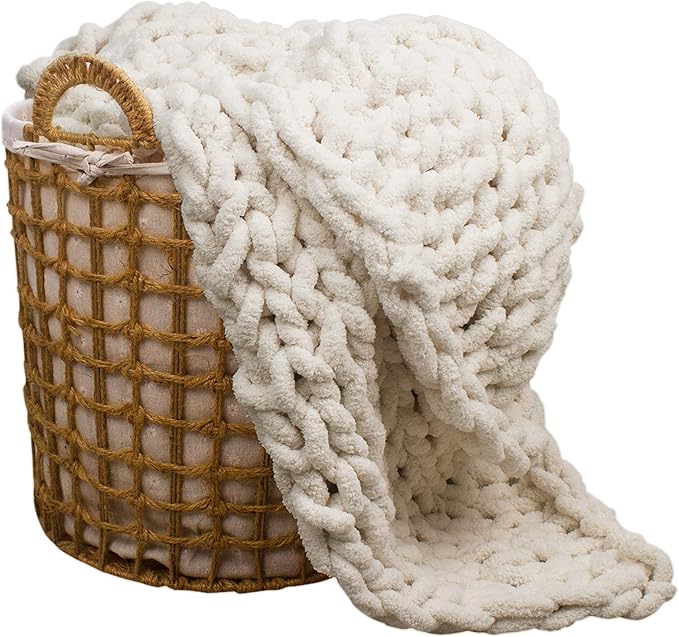 Cream chunky knit throw blanket with chenille loop yarn and thick cable-knit edge