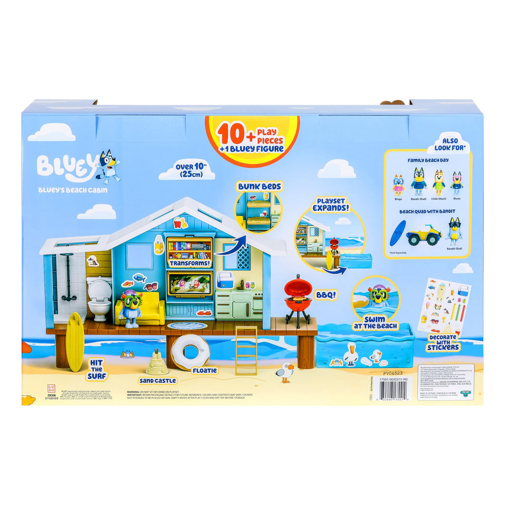 Beach cabin playset box back showing included features and accessories