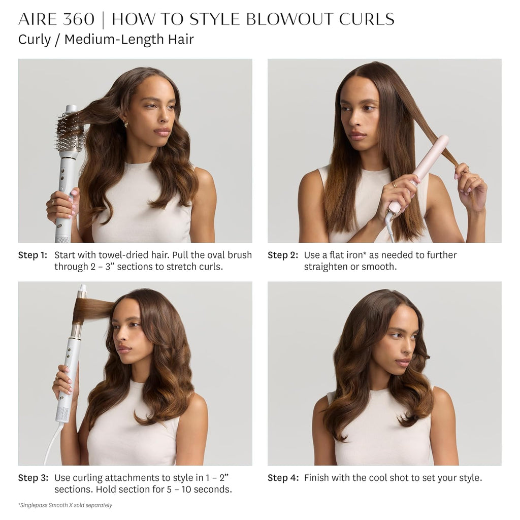 Hair dryer and oval brush attachment in use on model, white styling tool