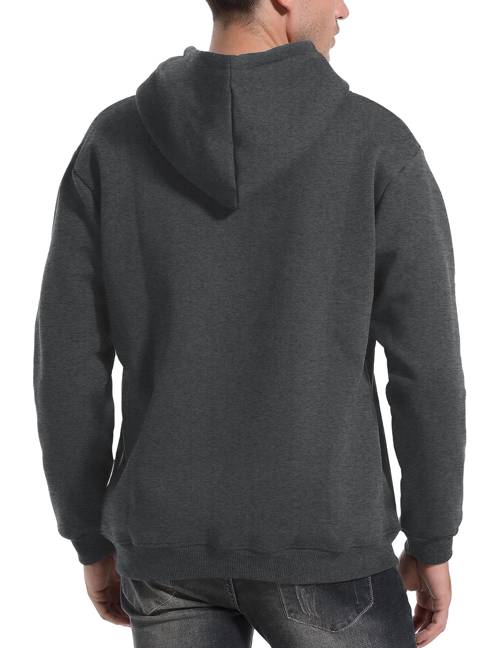 Men's fleece sherpa-lined hoodie, pullover back view, hood with drawstrings, dark gray.
