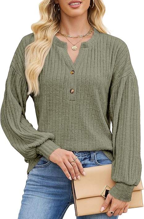 Women’s green long-sleeve henley V-neck sweater with button placket, ribbed knit texture