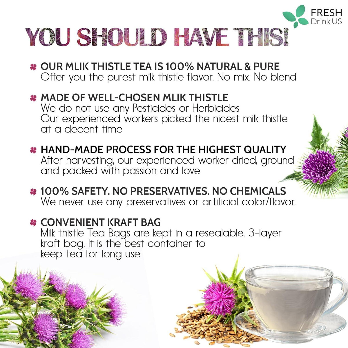 Milk thistle tea bags with glass cup and loose seeds beside a kraft bag pouch