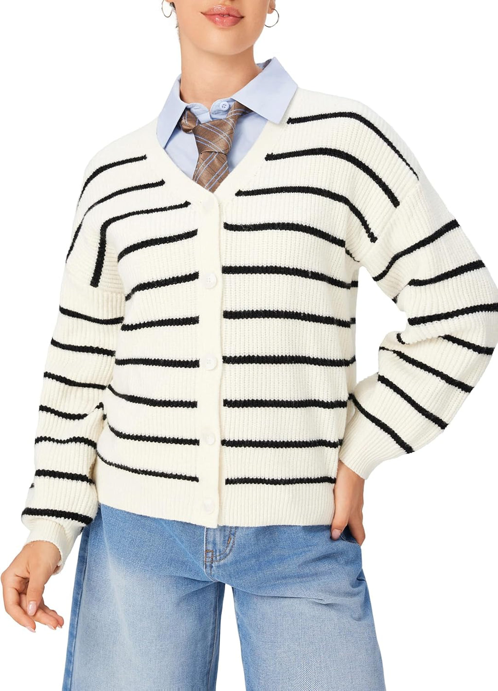 Women’s striped knit cardigan with button front and V-neck, cream with black stripes.