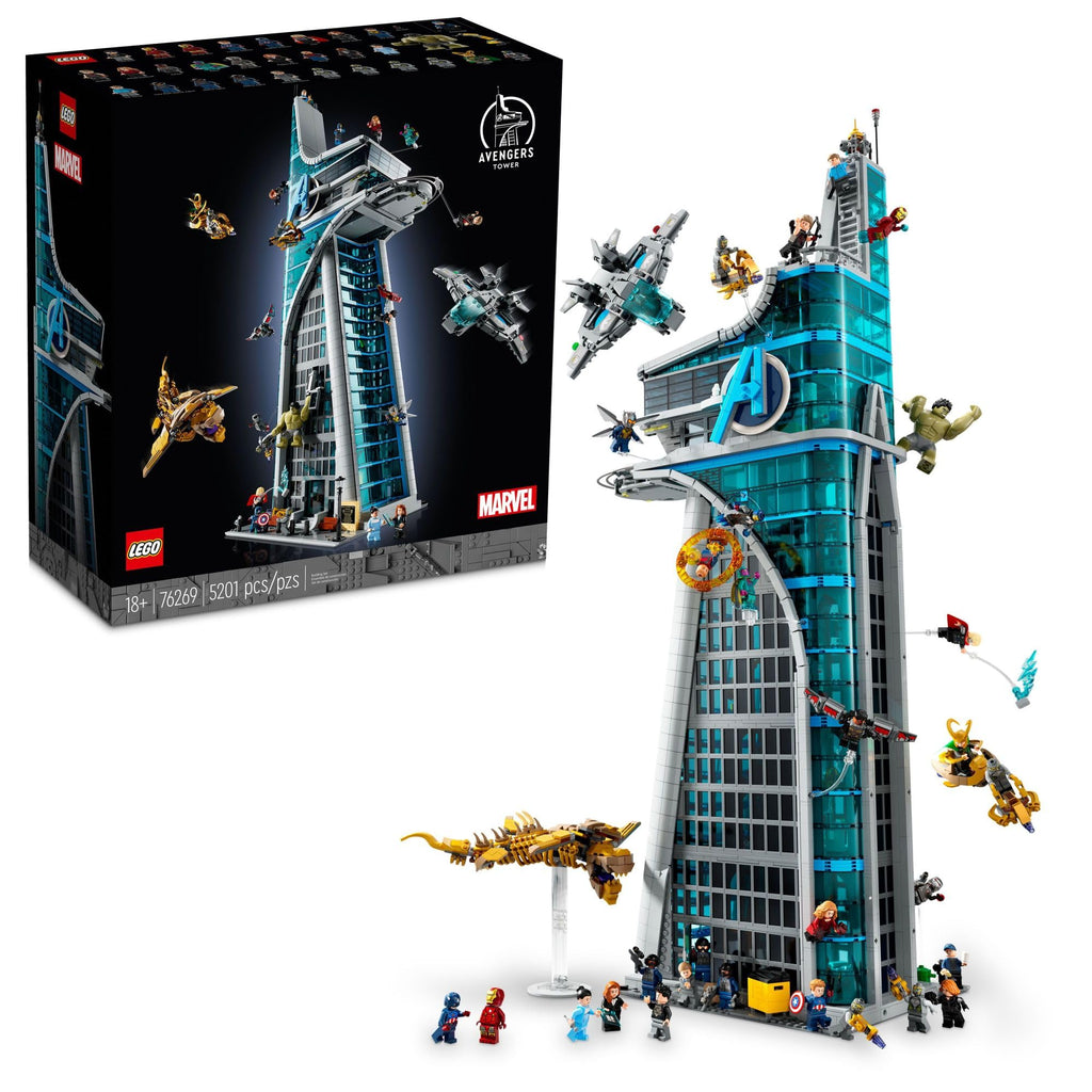 LEGO Avengers tower building set box with blue-gray tower and minifigures