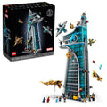LEGO Avengers tower building set box with blue-gray tower and minifigures