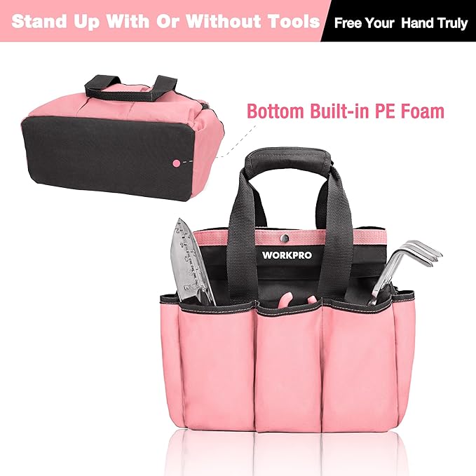 Pink and black garden tool tote bag with thick base and front tool pockets