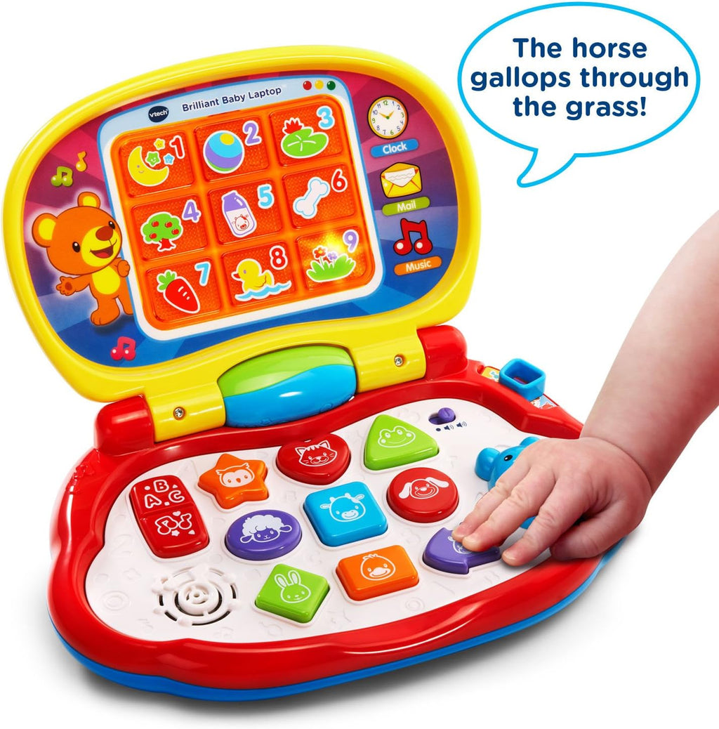 Red and yellow interactive toddler laptop toy with animal learning screen and push-button keys.