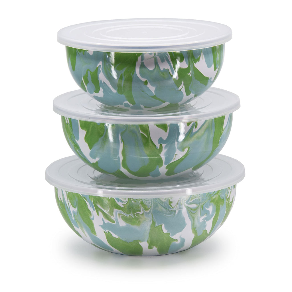 Set of 3 enamel mixing bowls with lids, green and white marbled swirl pattern