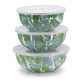 Set of 3 enamel mixing bowls with lids, green and white marbled swirl pattern