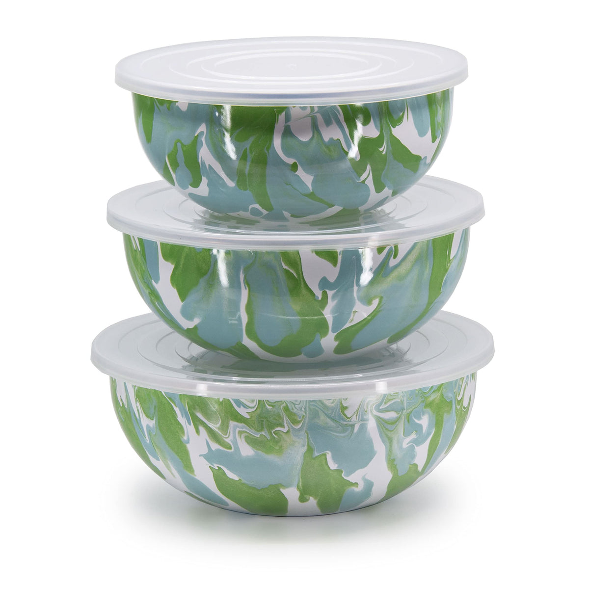 Set of 3 enamel mixing bowls with lids, green and white marbled swirl pattern