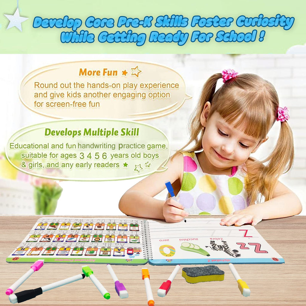 Young child writing on a dry-erase learning mat with colorful markers and cloth.