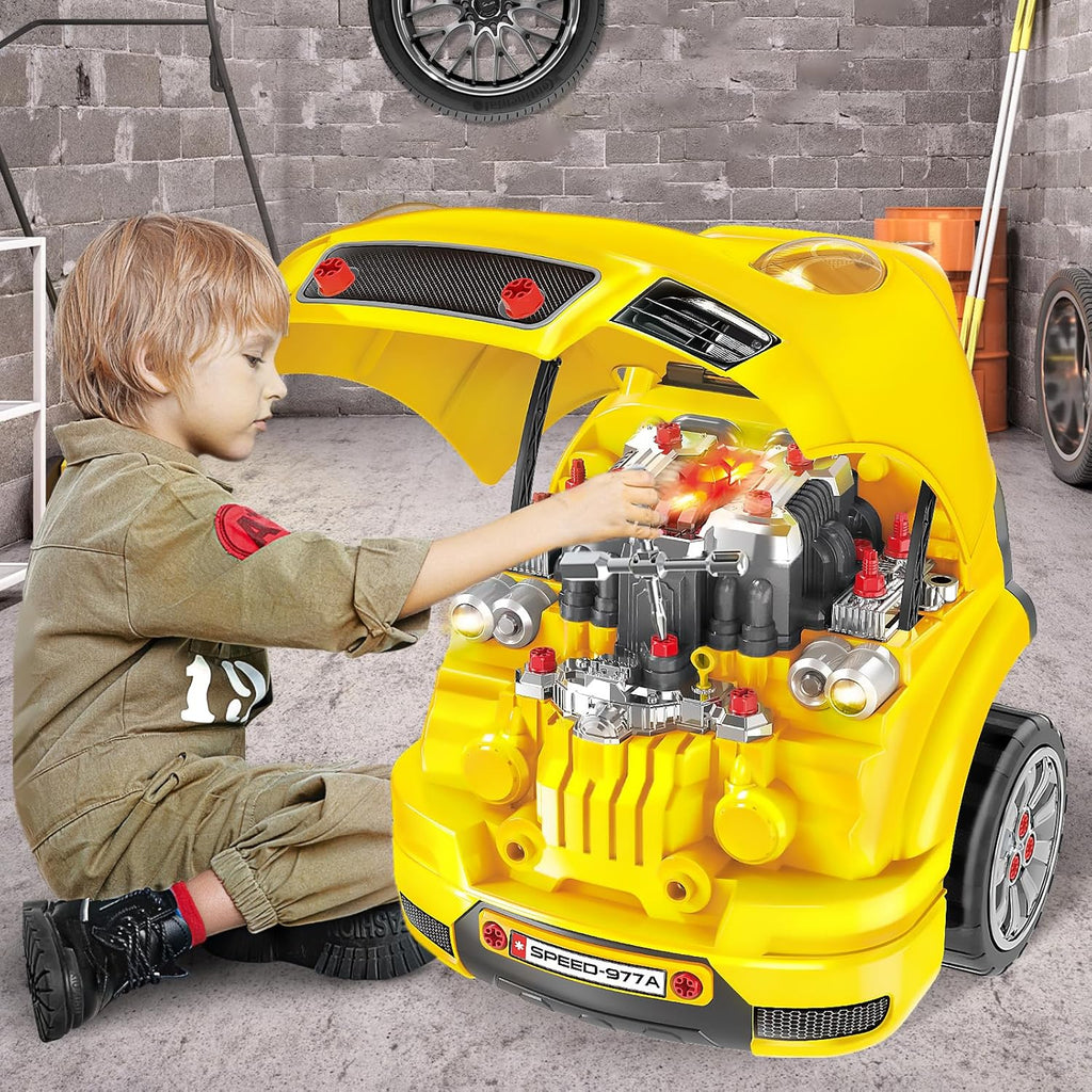 Child assembling yellow toy truck engine bay with open hood and visible parts