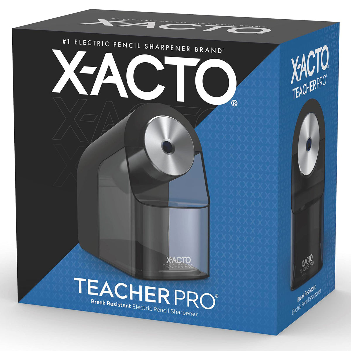 X-ACTO Teacher Pro electric pencil sharpener product box in black and blue packaging.