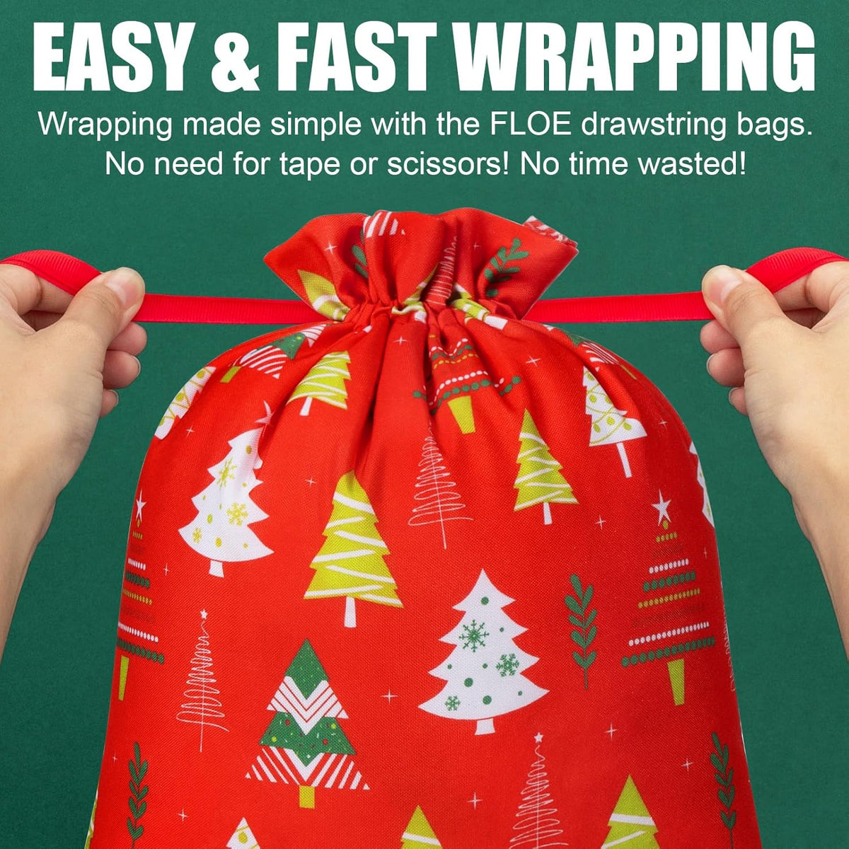 Red Christmas fabric drawstring gift bag with colorful tree pattern