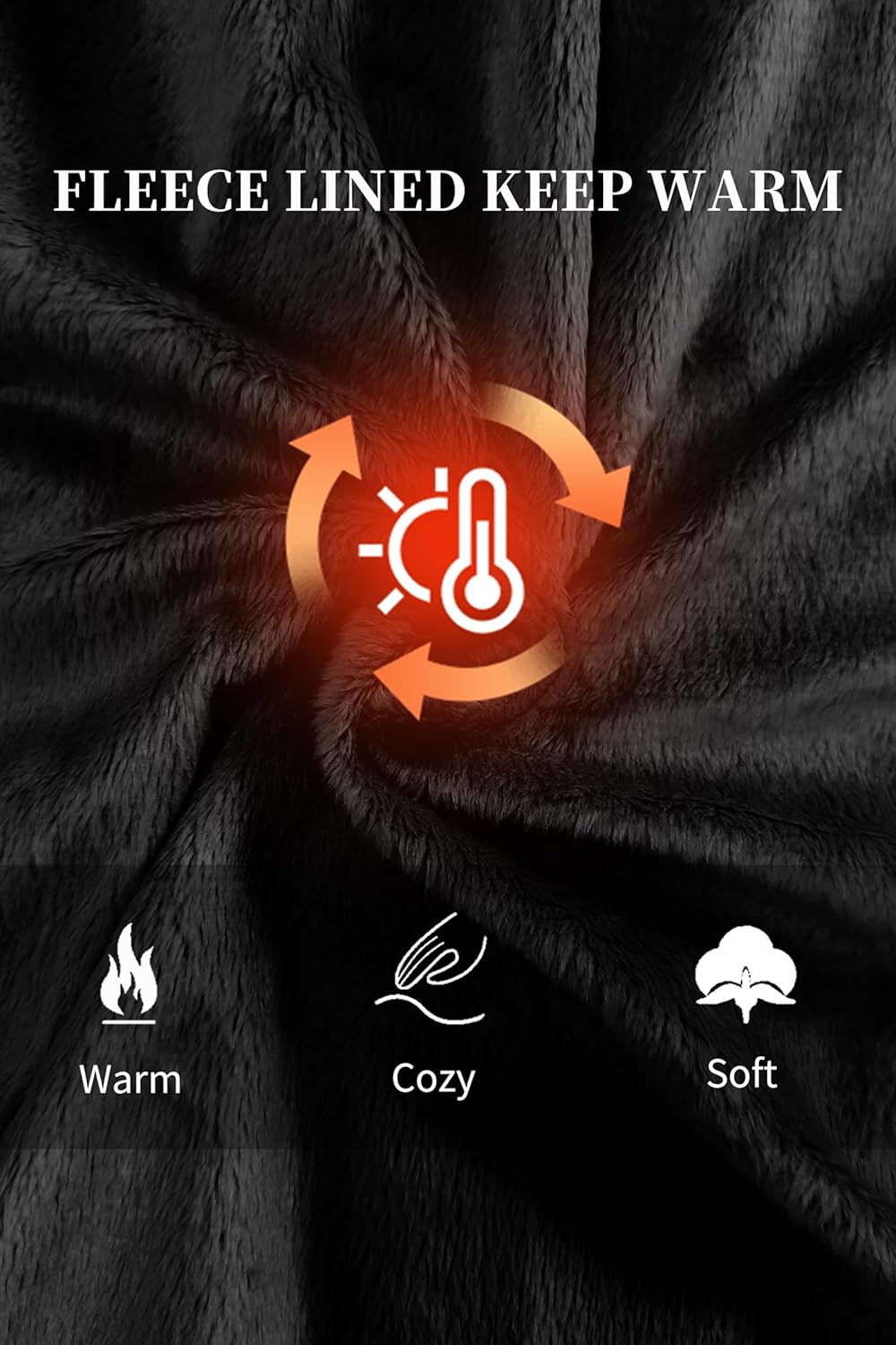 Black fleece-lined warmth icon graphic with flame and cozy arrows