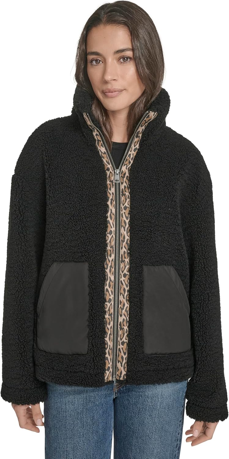 Women’s sherpa teddy jacket in dark black with leopard-trim drawcord hood and zip front
