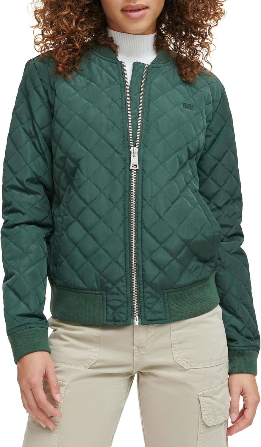 Quilted bomber jacket in dark green with front zipper and side pockets