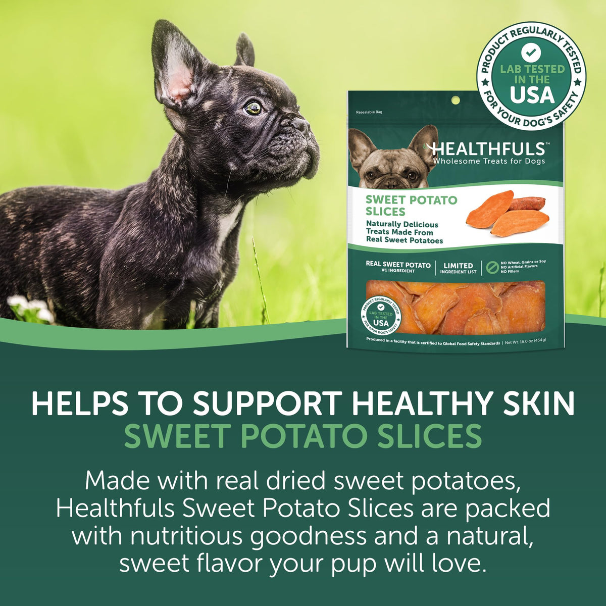 Dog with Healthfuls Sweet Potato Slices treat bag and orange sweet potato slices