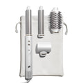 White and silver hair styling set with two barrels, brush, and carry case