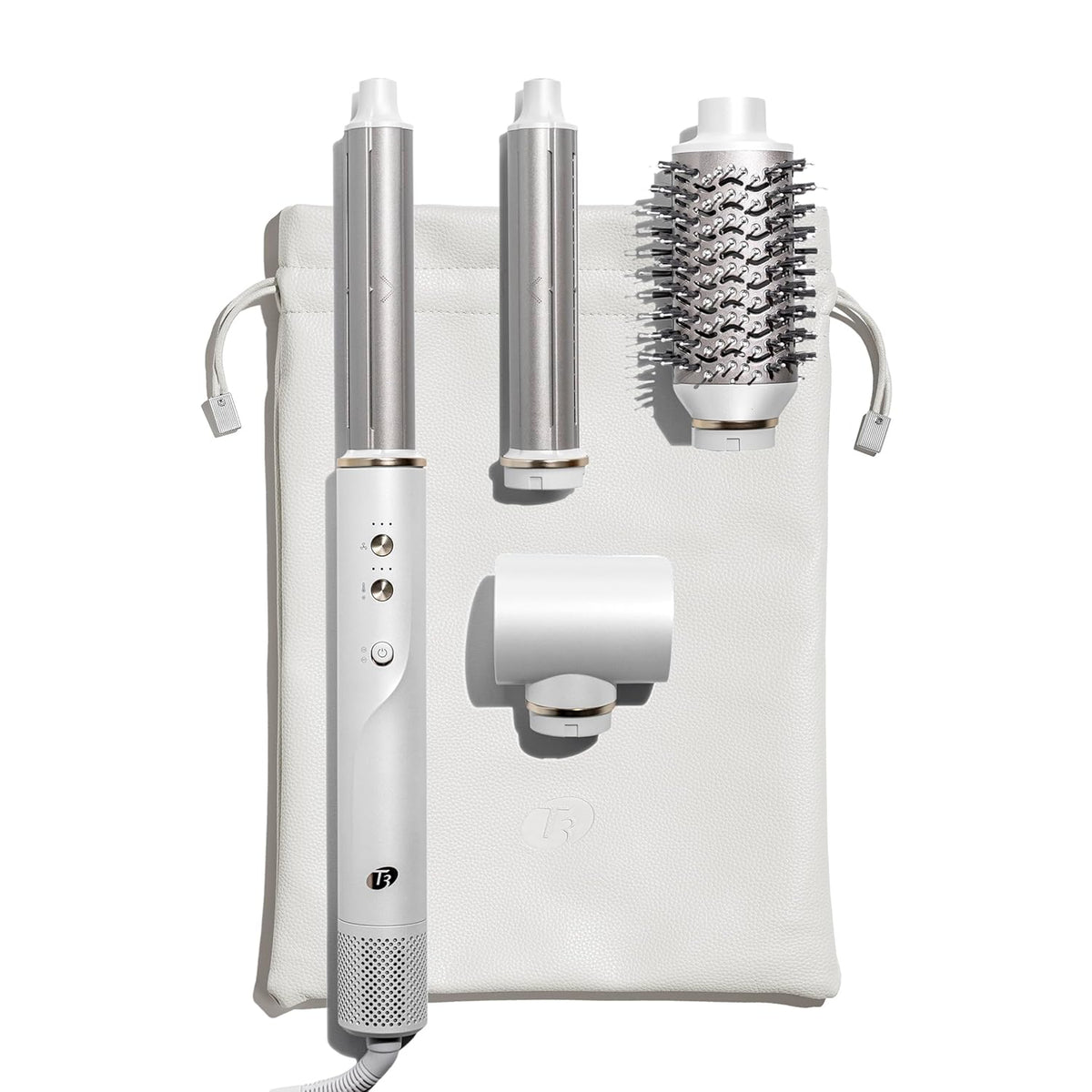 White and silver hair styling set with two barrels, brush, and carry case