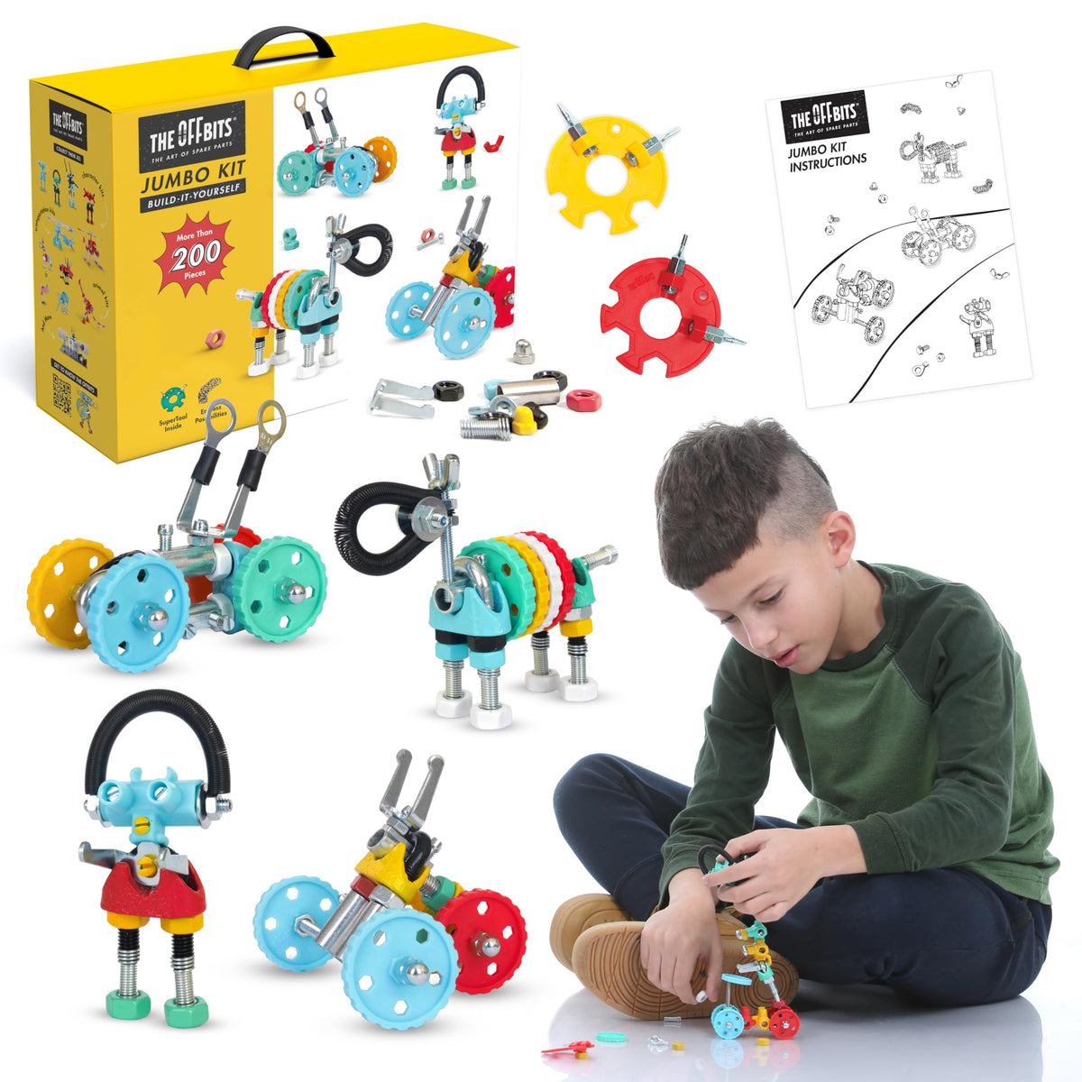 Montessori DIY robot kit with yellow box, robot models, and building parts