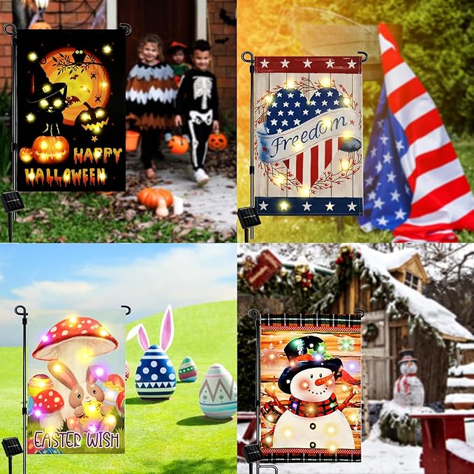 Lighted holiday yard flags featuring Halloween, Freedom, and Easter designs