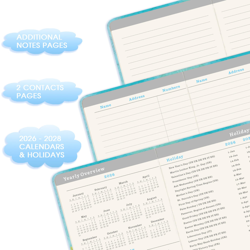 Planner interior pages with notes lines, contacts, and 2026–2028 calendar & holiday lists