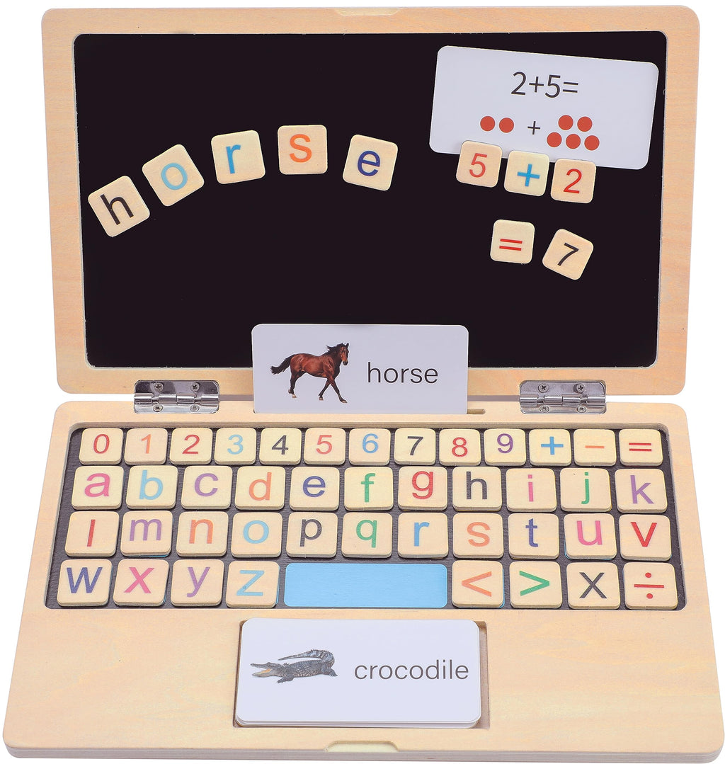 Wooden learning laptop with magnetic letter tiles, math numbers, and animal word cards