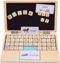 Wooden learning laptop with magnetic letter tiles, math numbers, and animal word cards