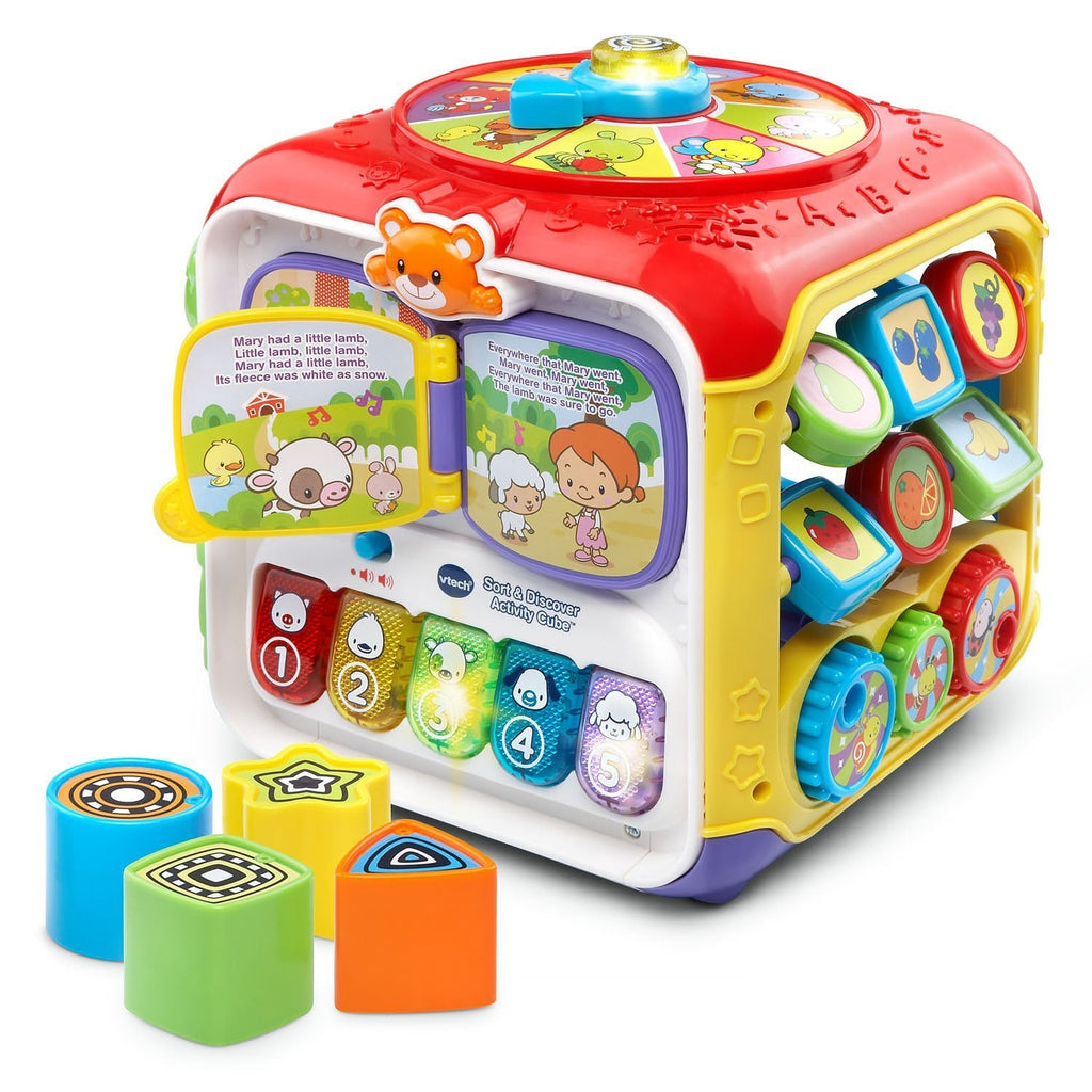 Red baby activity cube with number buttons and removable blocks