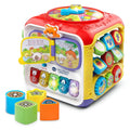 Red baby activity cube with number buttons and removable blocks