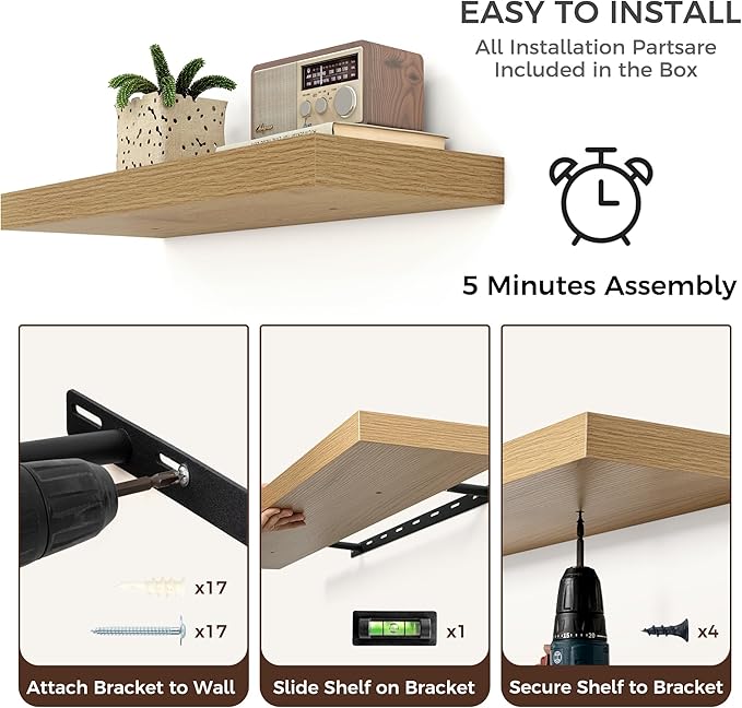 Oak floating shelf with concealed bracket system shown during assembly steps