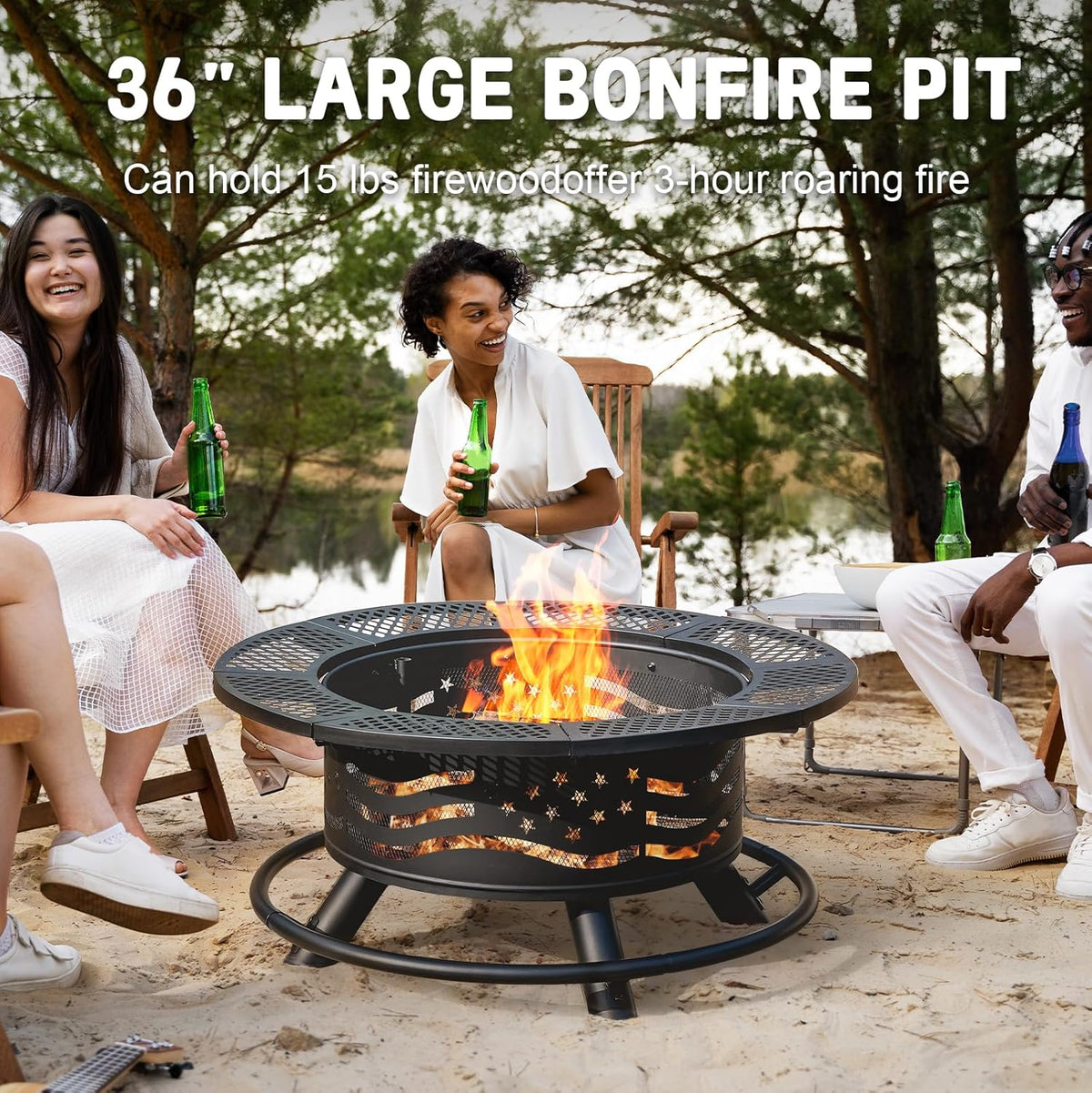 Large black bonfire fire pit with two-tier cooking grates and bright flames in bowl