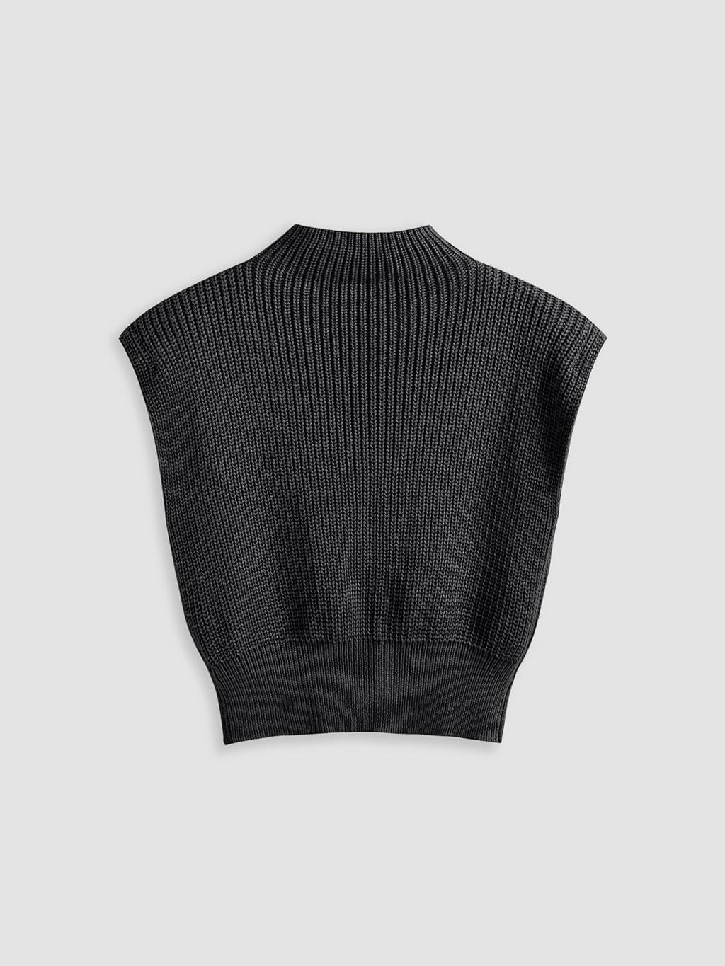 Women’s mock neck sleeveless sweater vest, black ribbed knit with wide armholes