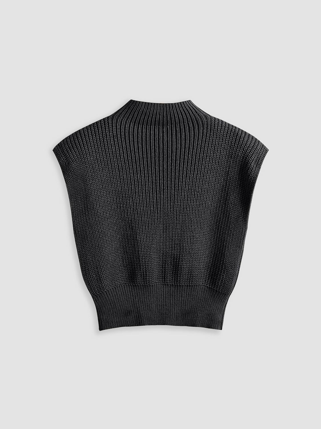 Women’s mock neck sleeveless sweater vest, black ribbed knit with wide armholes