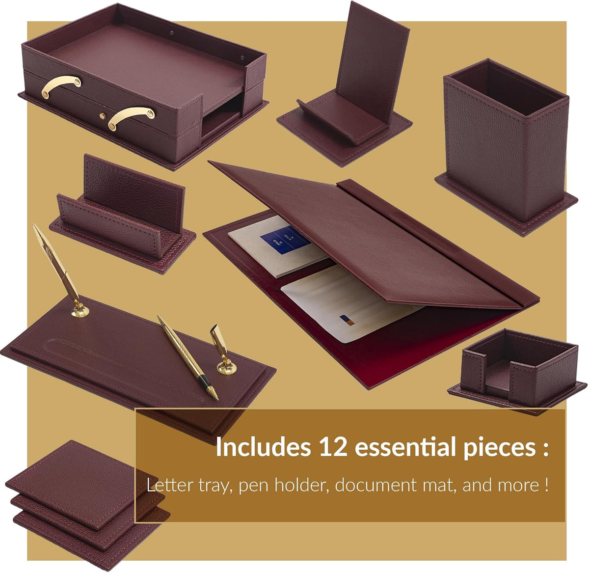Burgundy desk organizer set with multiple trays, pen holder, and document mat