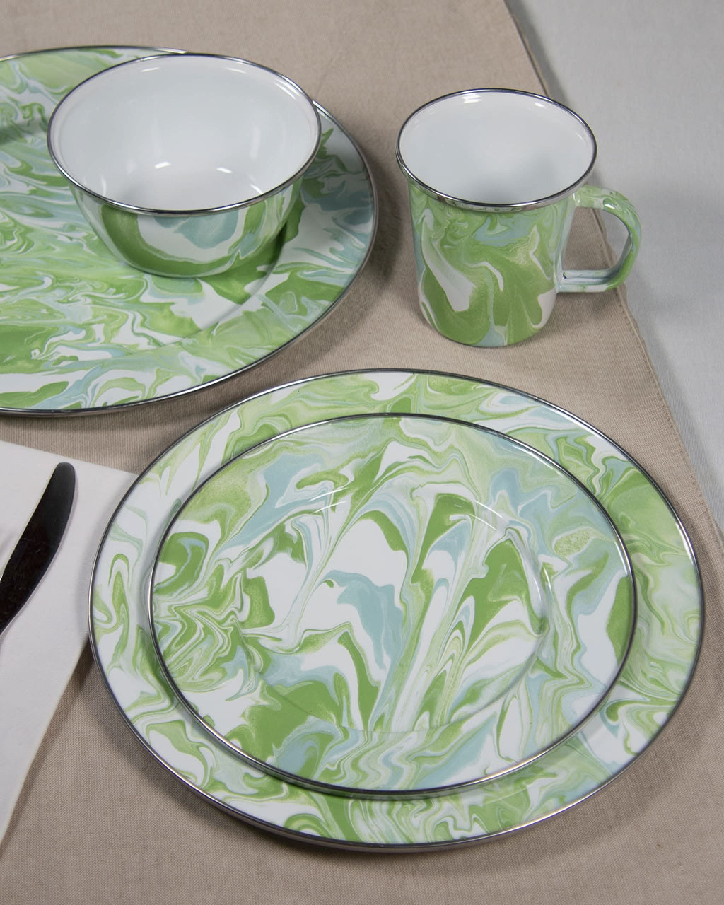 Enamel mixing bowls set of 3 with green and white swirl pattern, including one lid
